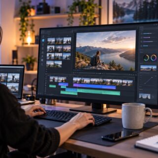 Content creator using AI-powered video editing tools on a computer in a modern home studio.
