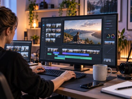 Content creator using AI-powered video editing tools on a computer in a modern home studio.