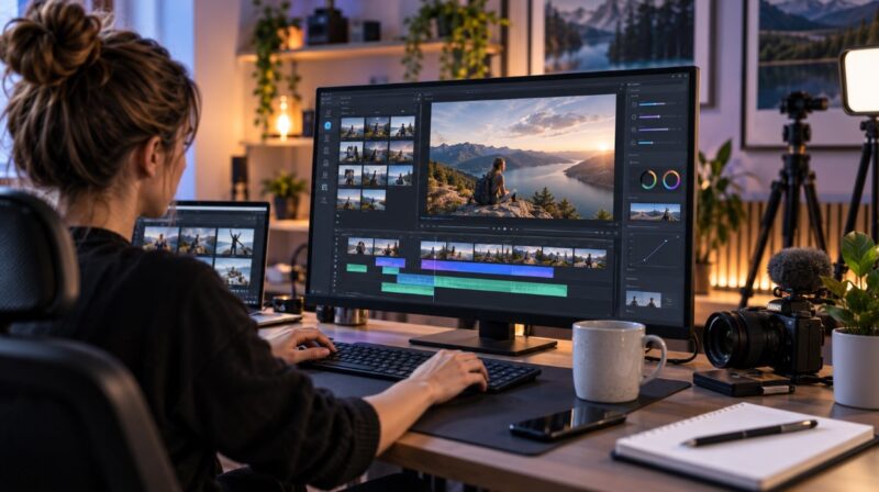 Content creator using AI-powered video editing tools on a computer in a modern home studio.