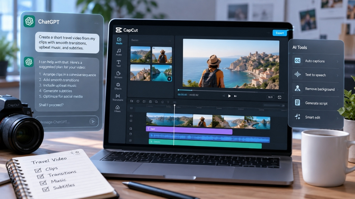 AI video editor with ChatGPT showing an AI-assisted video editing workflow on a laptop