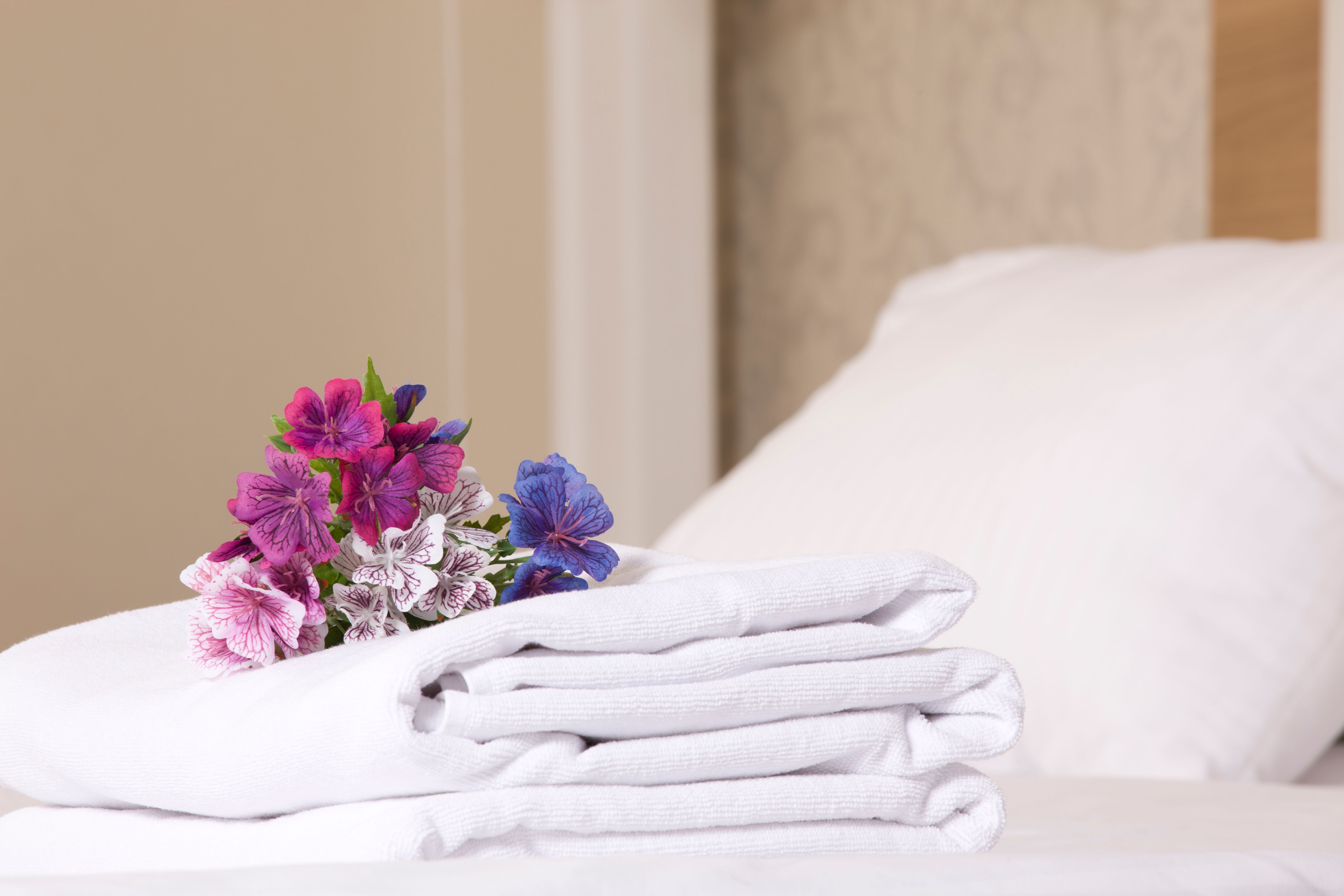 Cozy hotel room with neatly stacked white towels and fresh flowers for a welcoming touch