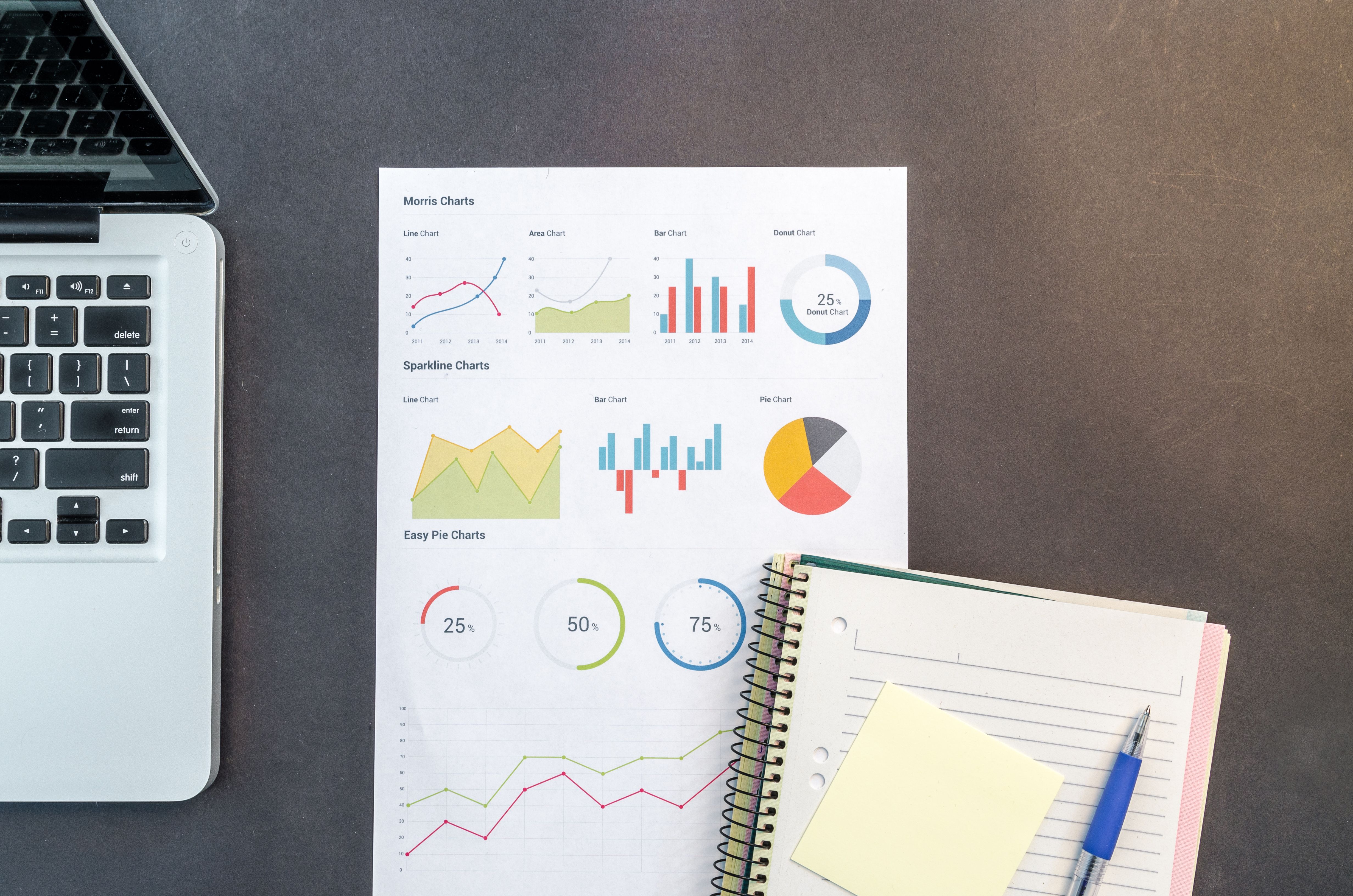 Business charts, laptop, and notebooks arranged on a desk for financial analysis